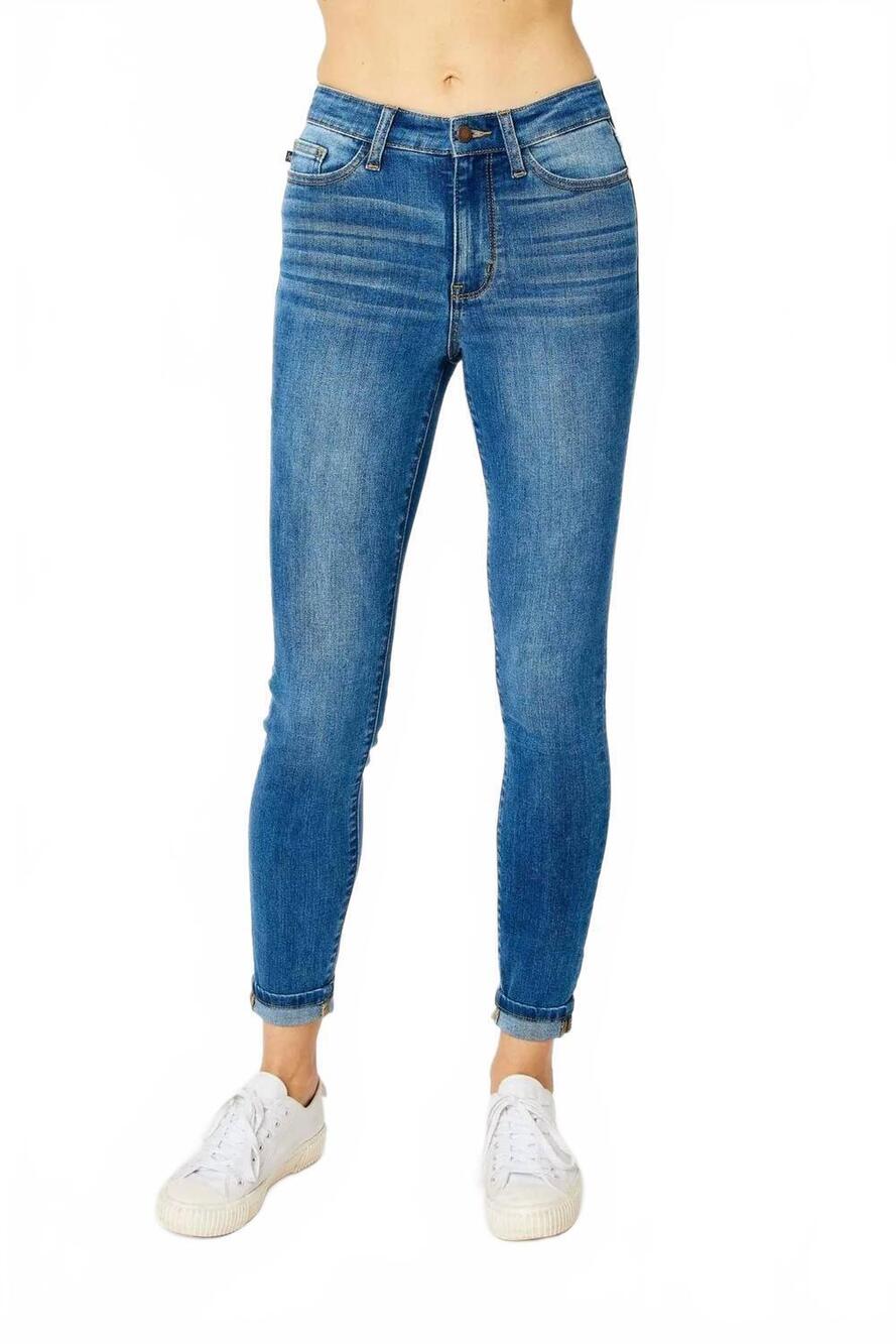 NEW JUDY BLUE high waist cuffed hem skinny denim jeans in medium wash